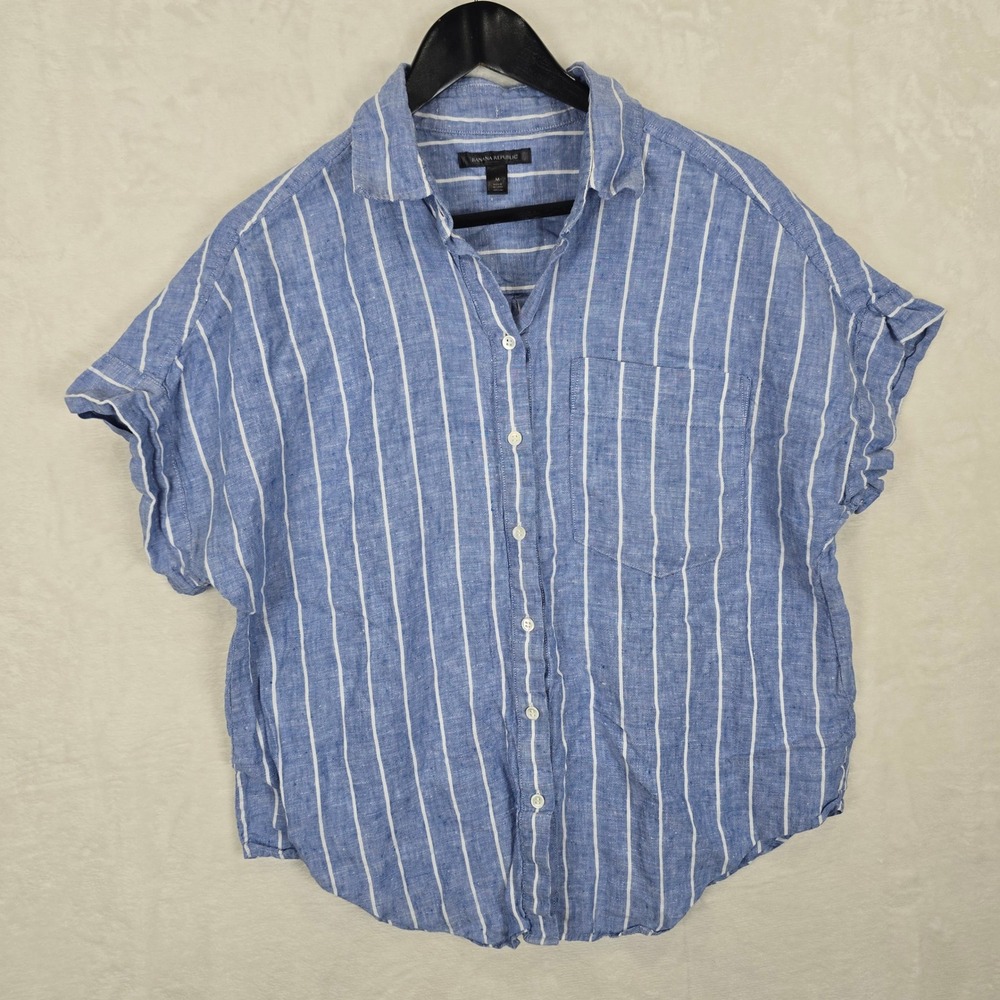 Banana Republic Women Blue White Striped 100% Linen Short Sleeve Button Down M
